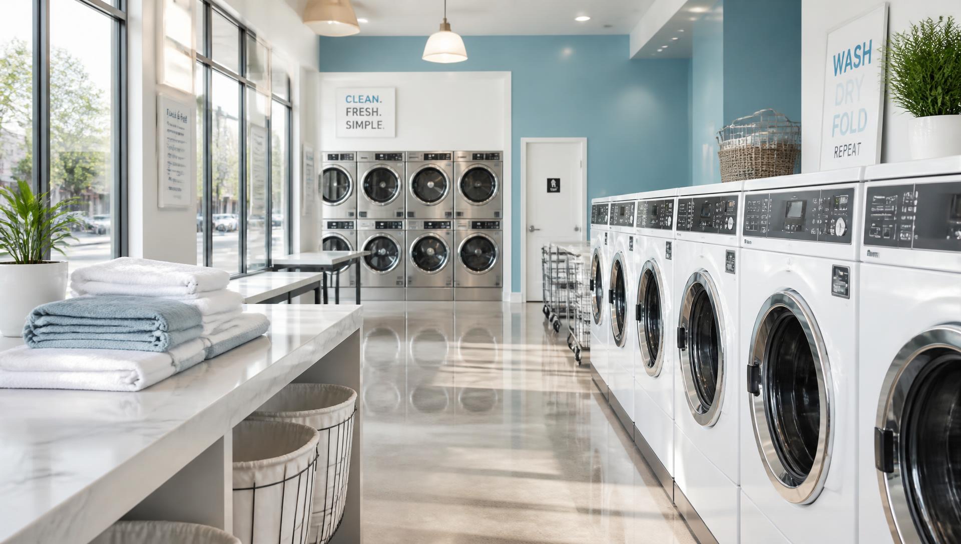 Bright, modern laundromat interior with washers and dryers